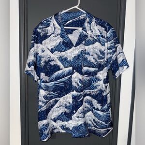 Men's Sea Wave Art Print Short Sleeve Shirt L